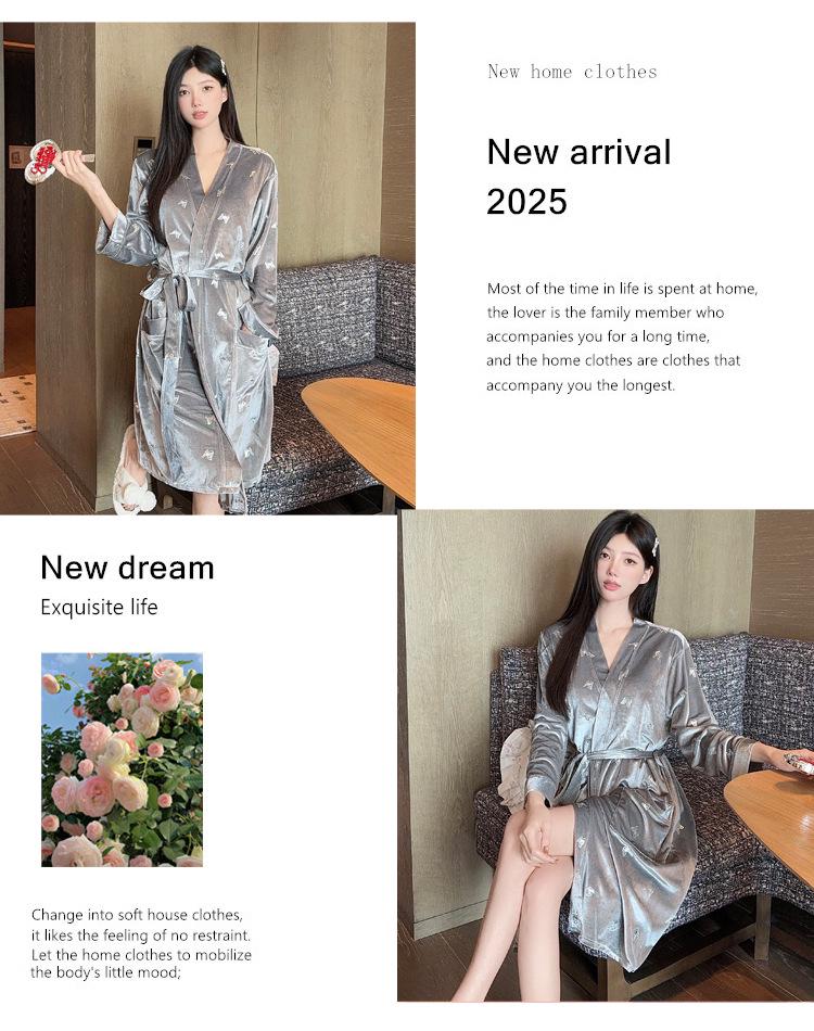 Women's Gold Velvet Long Sleeve Nightgown with Butterfly Print - Hotel Style Bathrobe for Autumn and Winter