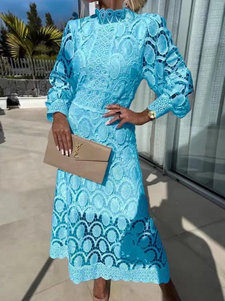 Französisches Spitzenkleid mit Stehkragen, Puffärmeln, Taillengürtel, figurbetont, elegantes europäisches und amerikanisches langes Kleid