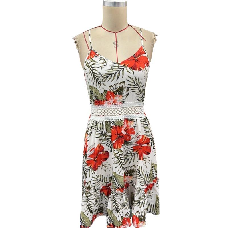Women's Floral Print Holiday Spaghetti Strap Lace Patchwork Peplum Beach Dress