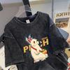 Women's American High Street Cartoon Print Washed Summer T-shirt - Korean Style Distressed Loose Fit