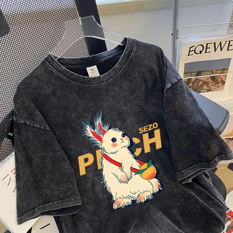 Women's American High Street Cartoon Print Washed Summer T-shirt - Korean Style Distressed Loose Fit