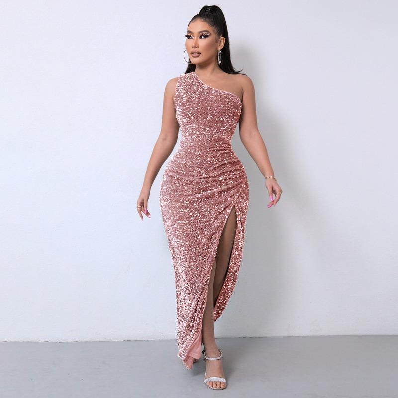 Damen Pailletten One-Shoulder Ärmelloses Schlitz Knöchellanges Bodycon Kleid