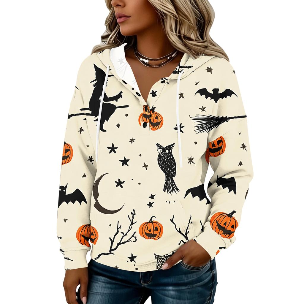 Women's Halloween Print Hoodie with Button Front - Long Sleeve Pullover Sweatshirt