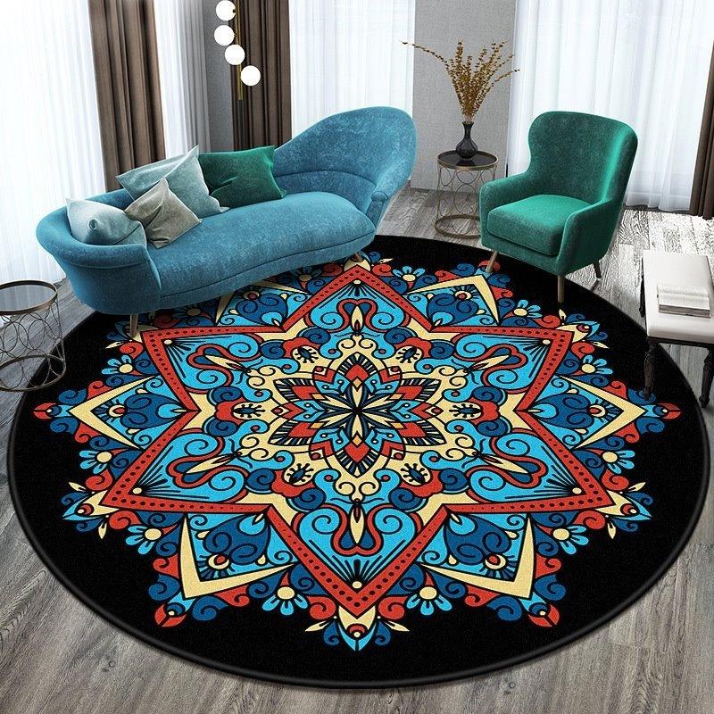 Round Area Rug With Mandala Style Geometric Floral Patterns In Vibrant Colors Boho Chic Style Soft Durable Floor Decor