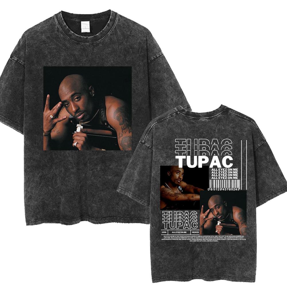 Rapper Tupac 2pac All Eyez On Me Cross Vintage Washed T Shirt Men Hip Hop Fashion Retro Tshirt Mens Casual Oversized Tshirts