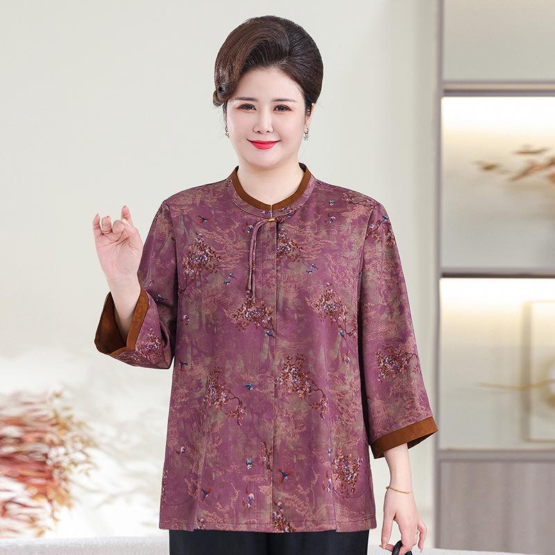 

Grandma s Plus Size Loose Fit Seven-Sleeve Shirt - New Chinese Style for Middle-Aged & Elderly Women 5XL (160-175 jin)