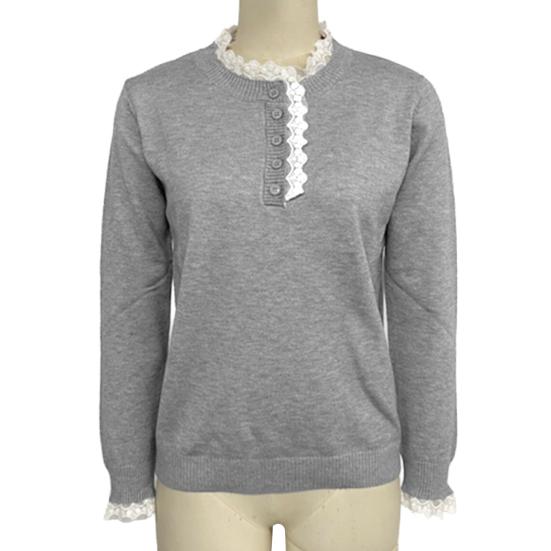 Women Sweater Round Neck Buttons Half Placket Long Sleeve Knitting Tops Solid Color Lace Trim Jumper Tops Casual Wear