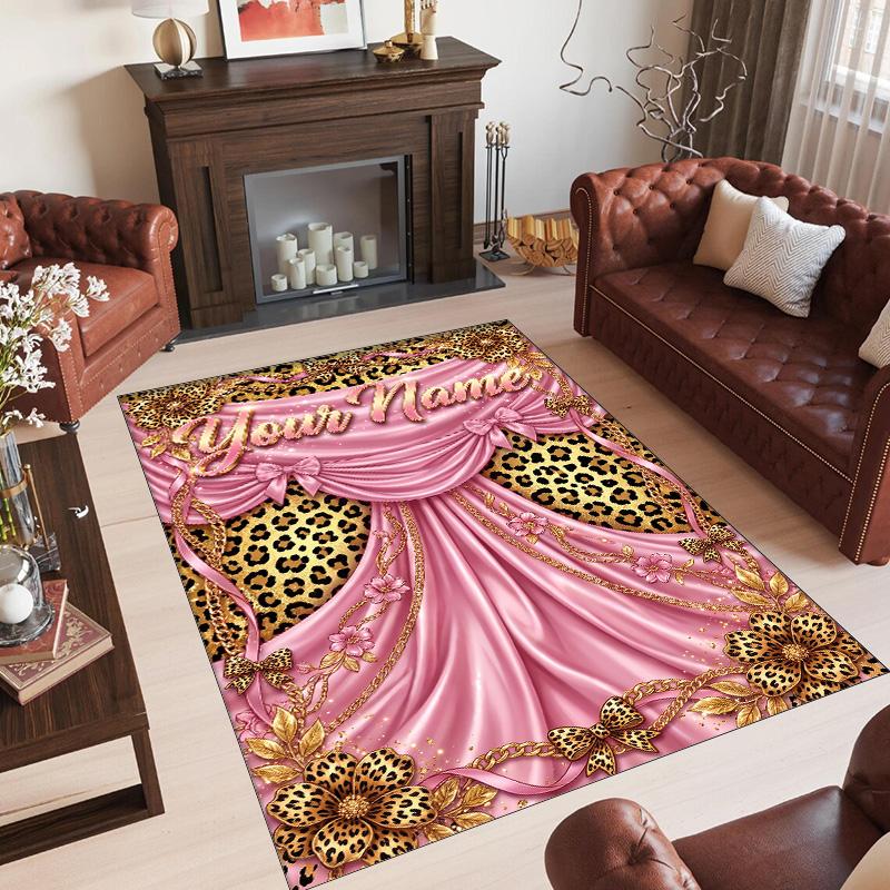 Leopard Theme Crystal Velvet Floor Rug Personalized Custom Name Text Warm Carpet Home Decoration