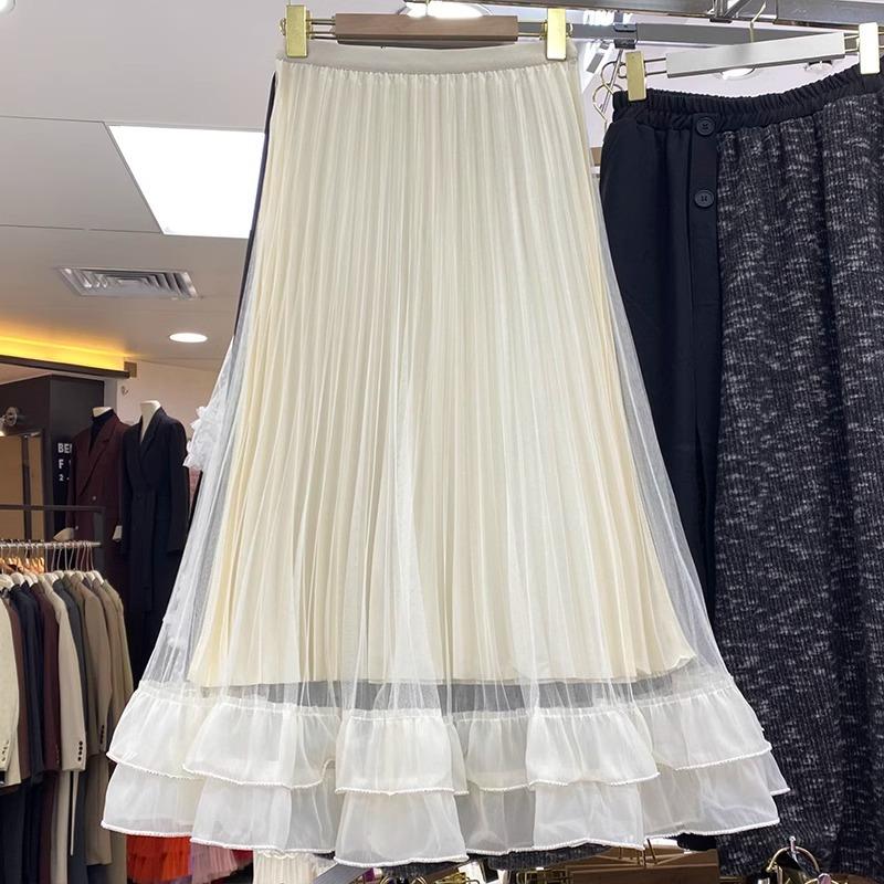 2025 New High-waisted Pleated Skirt High-end Fashion Temperament Skirt Splicing A-shaped Skirt Medium and Long