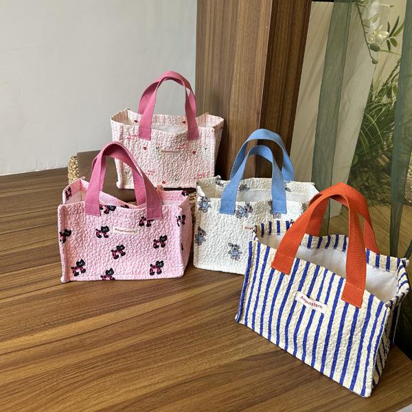 Trendy Striped Cartoon Foaming Cat Handbag - 2024 Spring/Summer College Style Lunch Bag