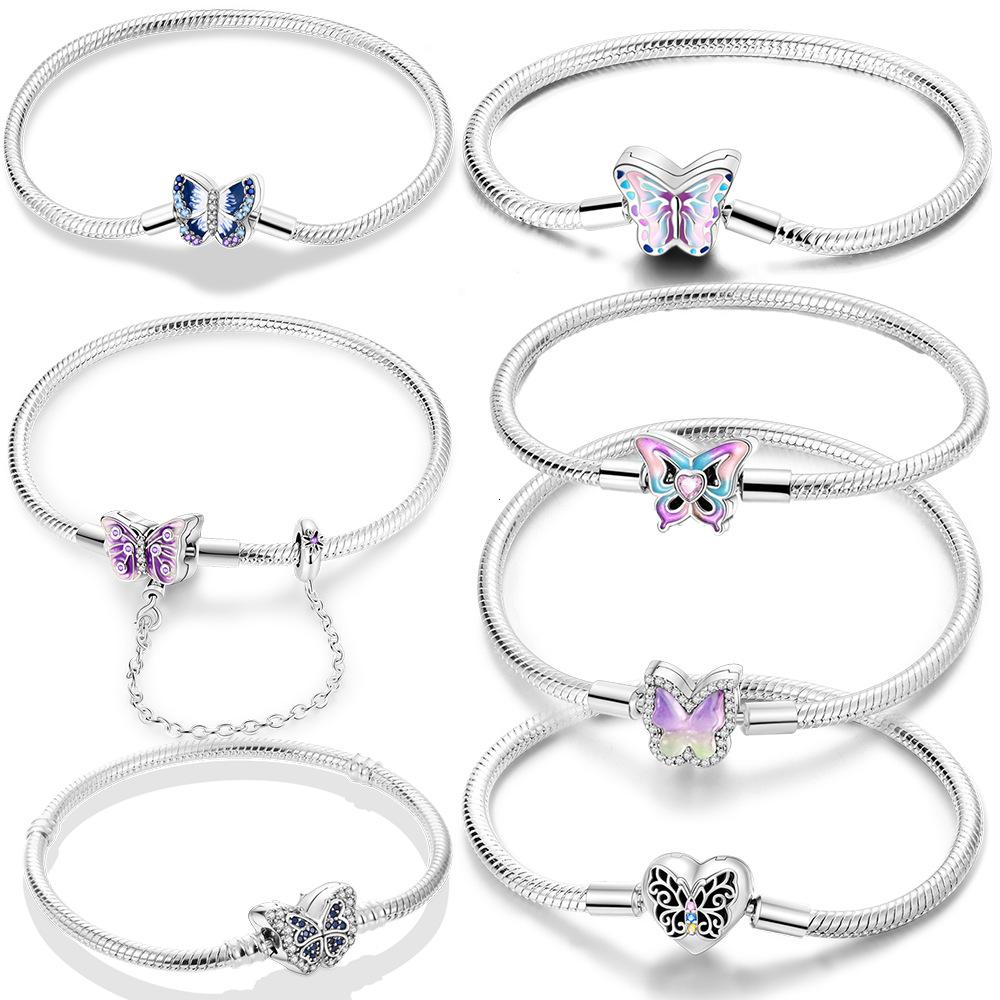 Heart Shaped Zircon Butterfly Base Bangle Single Wear Copper Silver Plated Colorful Snake Bone Bracelet