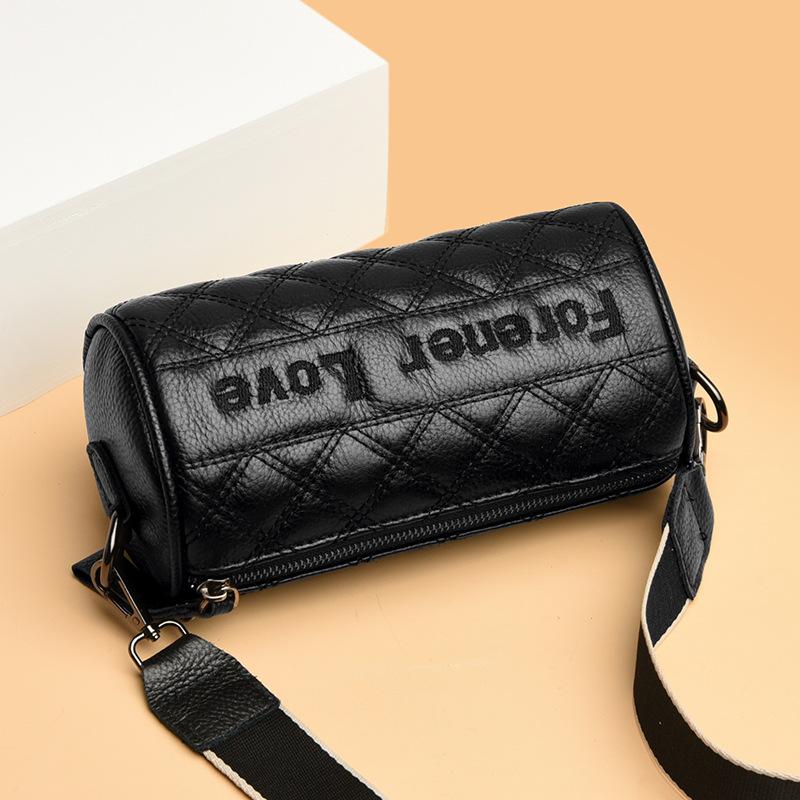 Leather women's bag rhombus cylinder bag new trendy fashion embroidered thread shoulder messenger bag first layer cowhide pillow bag