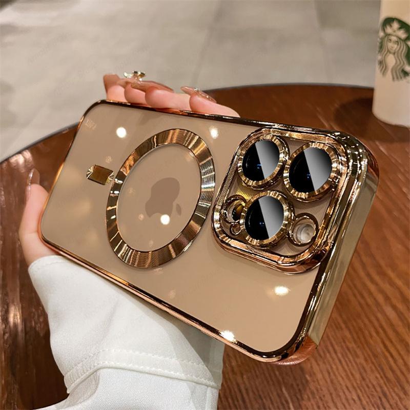 Luxury Magnetic Plating Clear Phone Case For iPhone 16 15 14 13 12 11 Pro Max 16 Plus For Magsafe Wireless Charging Cover Cases
