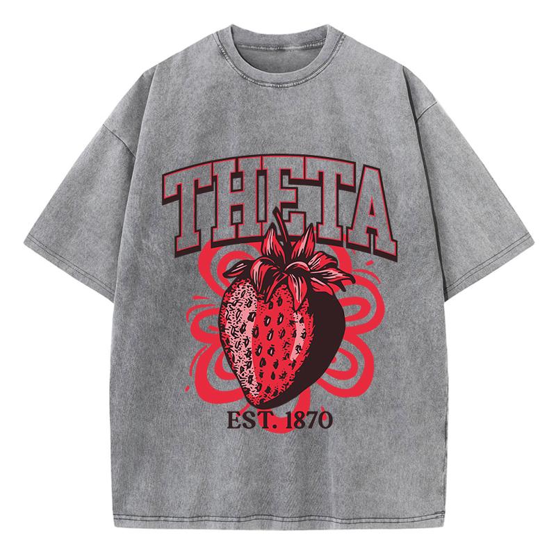 Fashion Women Washed T-Shirts Theta Strawberry Printed Tee Shirts Cotton Distressed Oversize Crewneck Tees Street Clothes