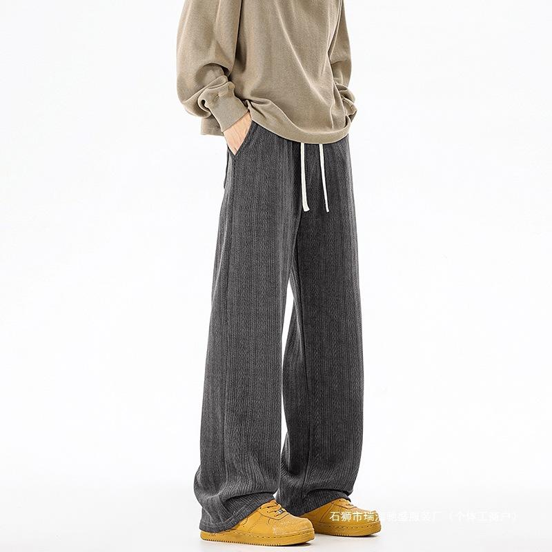 Men's Corduroy Wide Leg Pants, Drawstring Waist Casual Trousers with Pockets, Loose Fit Streetwear Bottoms for Spring & Autumn