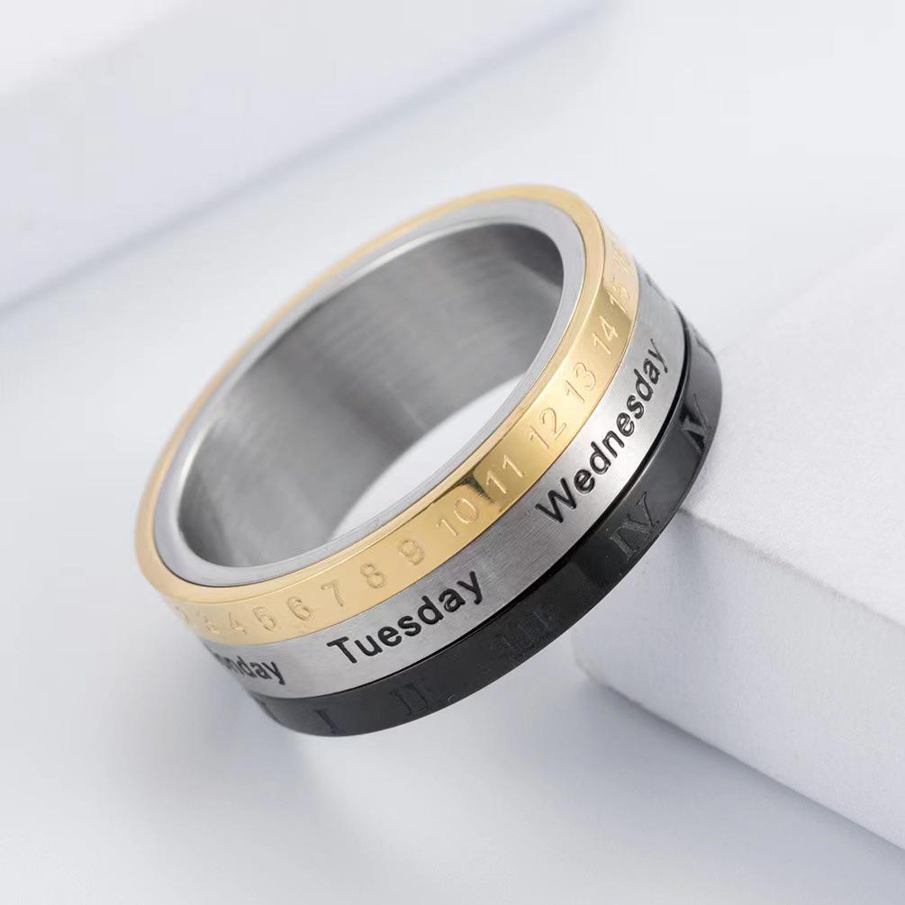 Men's Tricolor Roman Numeral Rotating Calendar Ring in Titanium Steel