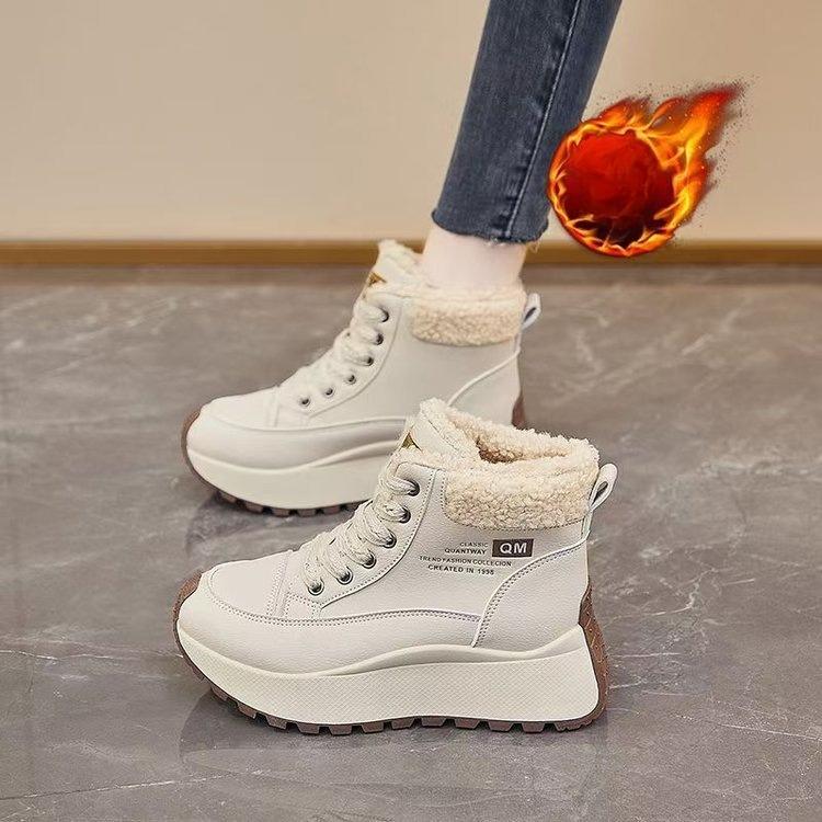 Women Leather Thick Sole Ankle Snow Boots Winter Plush Thickened Warm Outdoor Waterproof Non Slip High Top Lace Up Cotton Boots