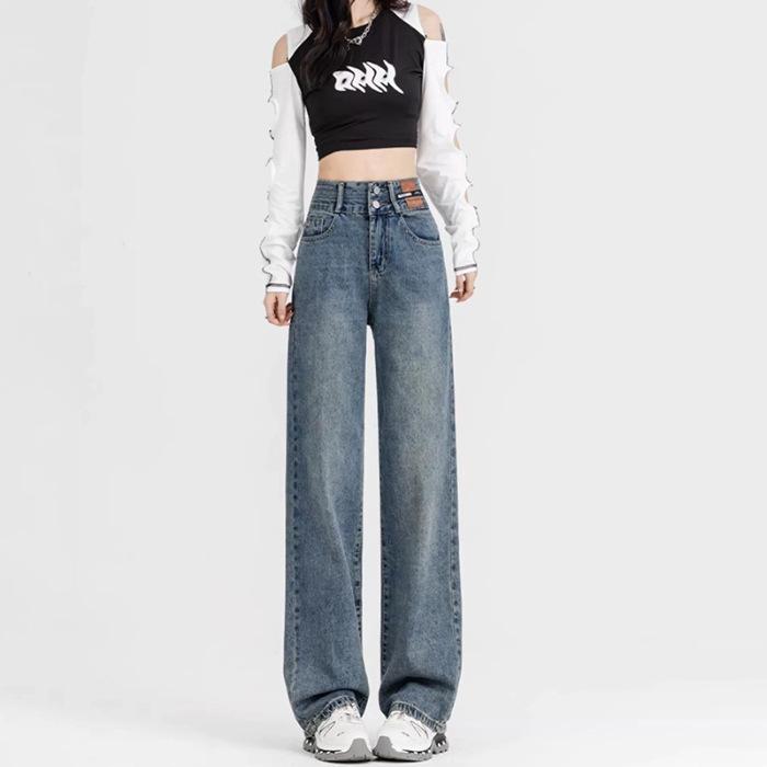 Women's Black Wide-Leg Jeans: 2025 Spring/Autumn High-Waisted Slimming Loose Floor-Length Pants