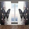 2Pcs Black Butterfly & Floral Print Curtains - Semi-Transparent Polyester, Rod Pocket Style, Soft Light Filtering For Living Roo