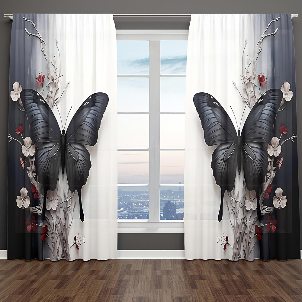 

2Pcs Black Butterfly & Floral Print Curtains - Semi-Transparent Polyester, Rod Pocket Style, Soft Light Filtering For Living Roo 53x116cm 2pc&Without mount
