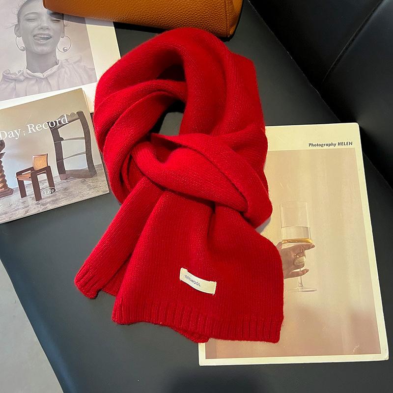 Australian Wool Small Scarf Women'S Winter Solid Color Knitted Scarf Korean Version Thickened Warm Neck Protection