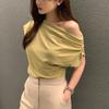 Irregular Slanted Shoulder Design Sense Loose Solid Color Pullover Short Sleeve T-Shirts Women’s