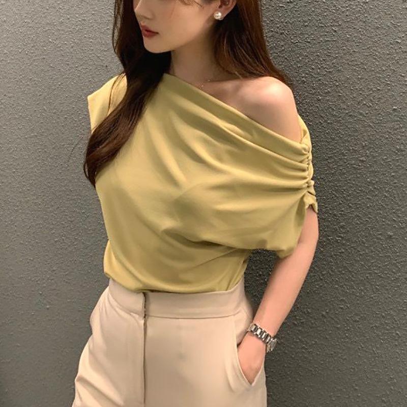 Irregular Slanted Shoulder Design Sense Loose Solid Color Pullover Short Sleeve T-Shirts Women’s
