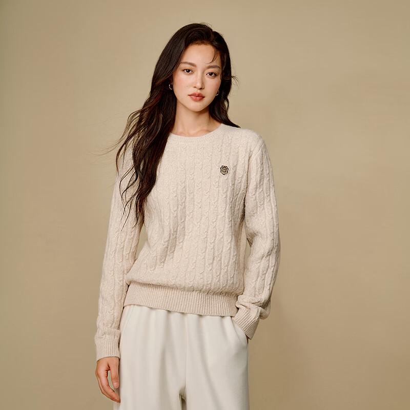 INMAN Women's Cable Knit Round Neck Wool Sweater