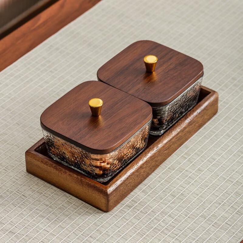 Walnut Wood Serving Tray with Hammered Glass Compartment Bowl