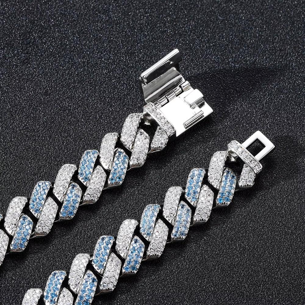 Gioielli Hip Hop Personalizzati Larghezza 14mm Iced Out Argento e Zircone Blu Bicolore CZ Incastonatura Maglia Cubana Bracciale