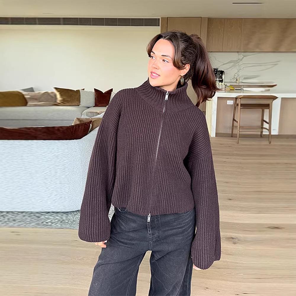 

2025 Autumn/Winter Women s High-End Stand Collar Slim Fit Cardigan Sweater Large темно-коричневого кольору
