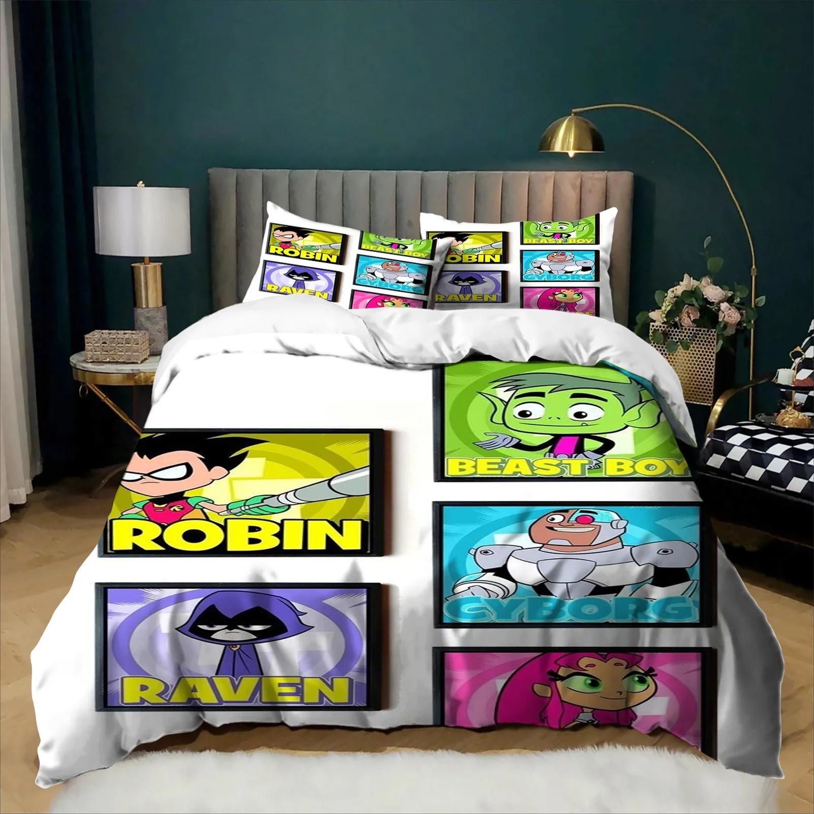Parure de lit dessin animé Teen Titans Ensemble housse de couette Garçon Bête Décoration de chambre Ensemble 2/3 pièces Jeunes Enfants Fille Garçons Cadeau taille standard 100x135cm (2pcs)