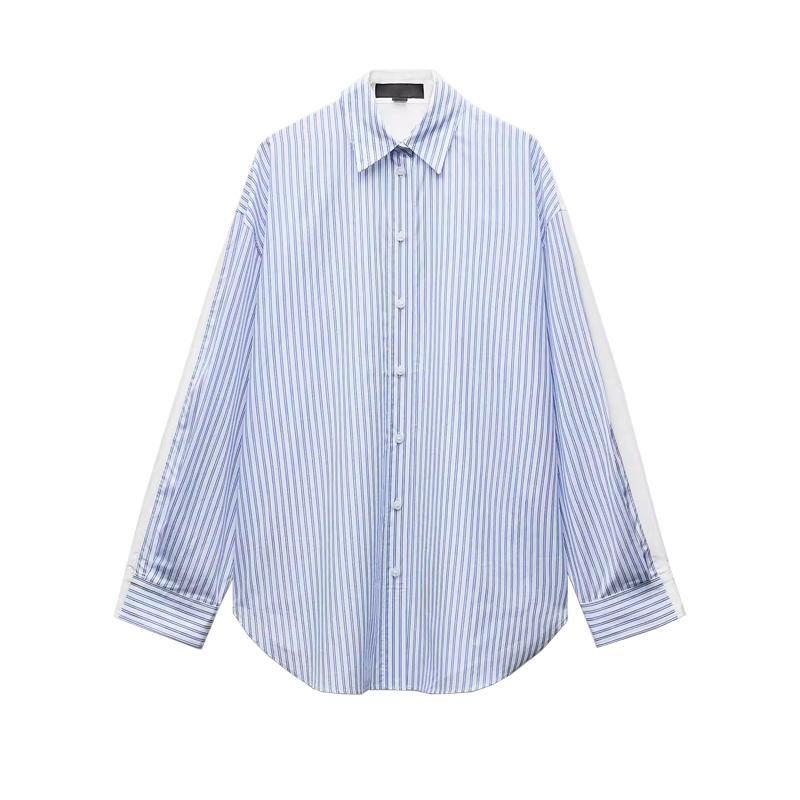 Spring New Women's Clothing Patchwork Pleated Design Cotton Stripes Poplin Loose Long Sleeves Shirt 5063015