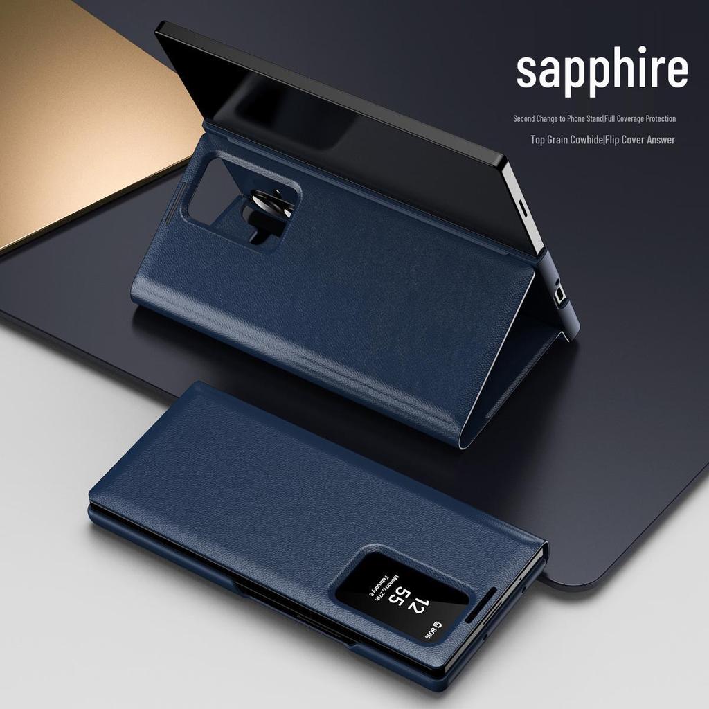 Housse à rabat en cuir Samsung Z Fold 8 avec emplacement pour carte et fenêtre