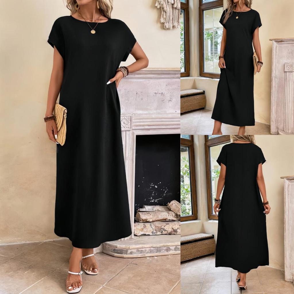 2024 Damen Einfarbig Rundhals Locker Kurzarm Langes Kleid für Frühling & Sommer