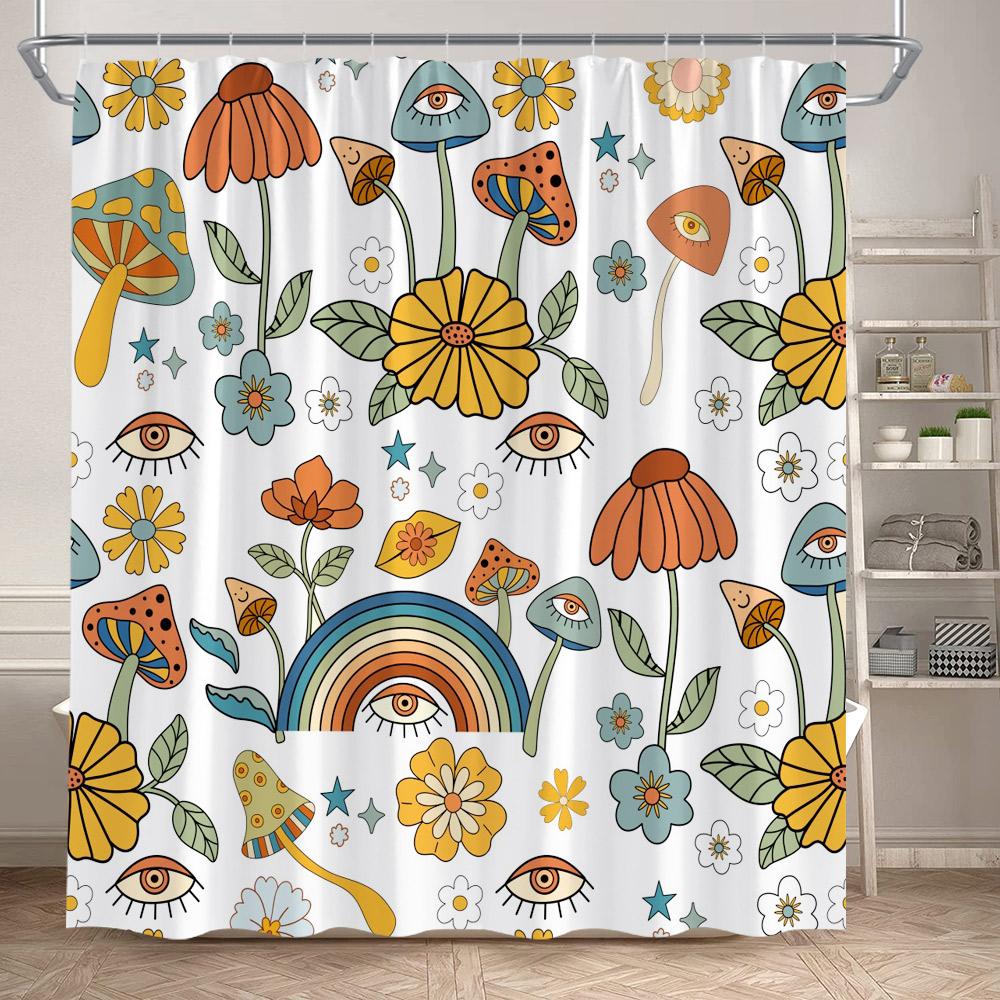 Rustic Mushroom Shower Curtain Floral Plant Leaves Moth Dragonfly Black Bathroom Curtains Polyester Fabric Home Decor with Hooks