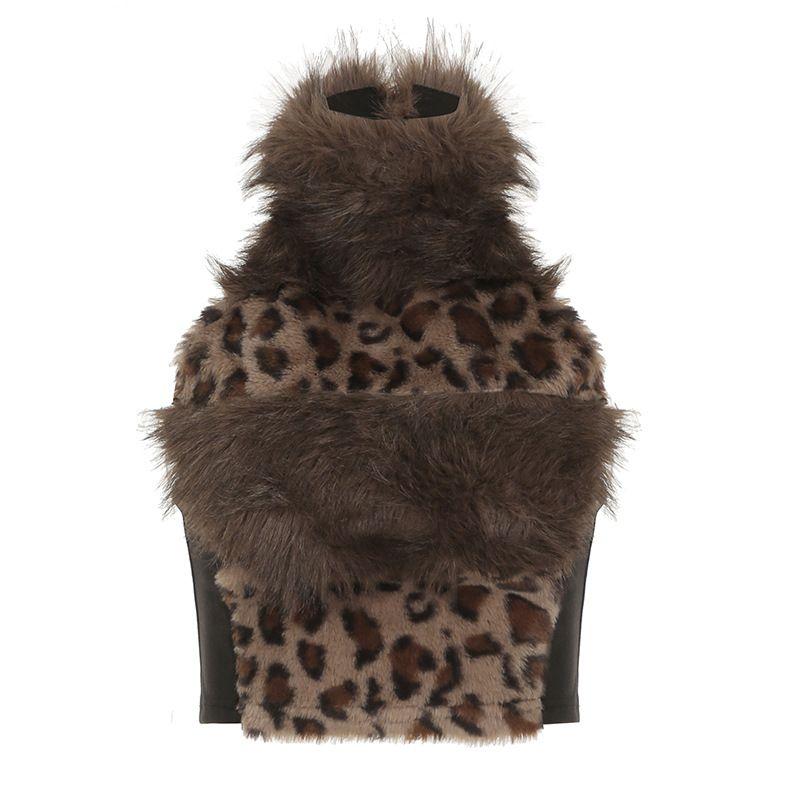 Collar Halterneck Sleeveless Leopard Print Vest European and American Foreign Trade Women's Clothing Sexy Style Pure Desire Silm Short Open Back Tops