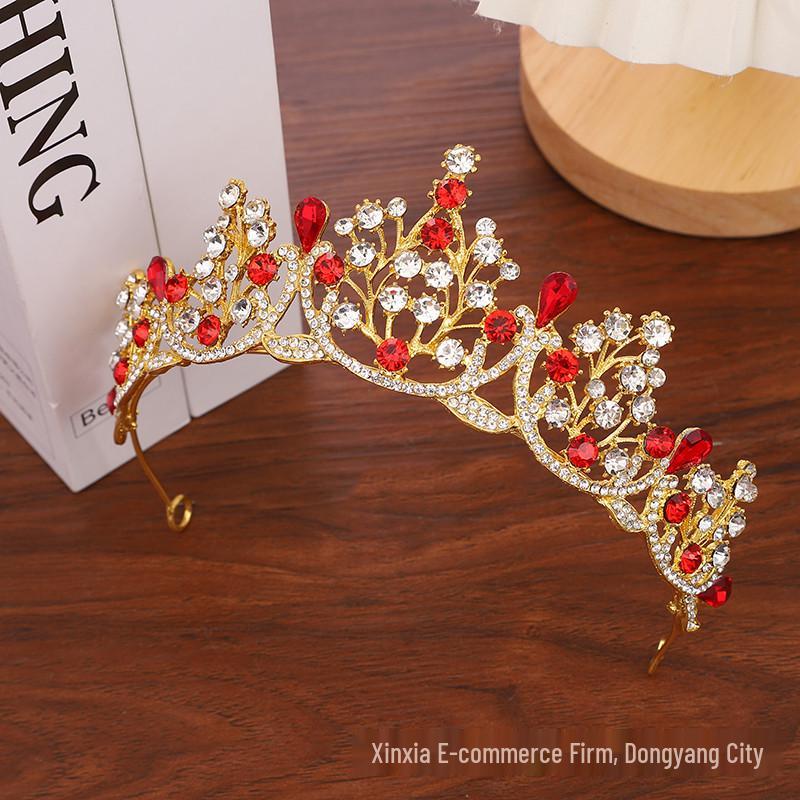 European Red Baroque Crown Headdress: Crystal Wedding Hair Accessories
