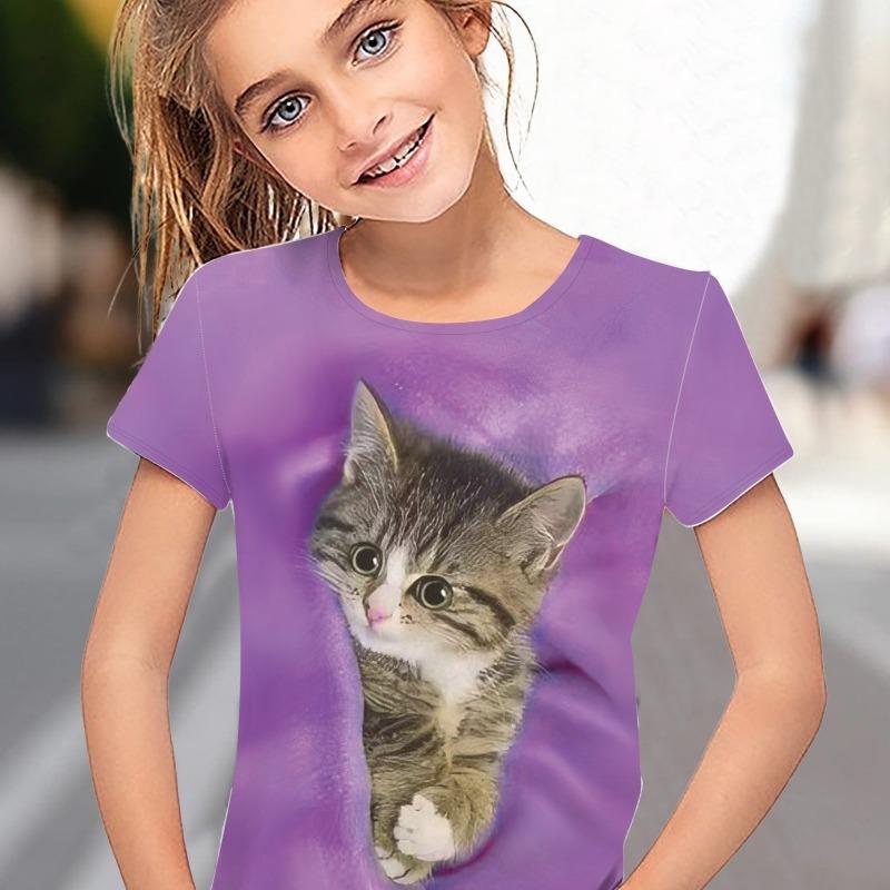 Abbigliamento per Bambini Ragazza T-shirt Manica Corta Stampa Gatto Cartone Animato 3D Vestiti Estivi per Bambini Moda Carina Abbigliamento per Ragazze Top in Poliestere