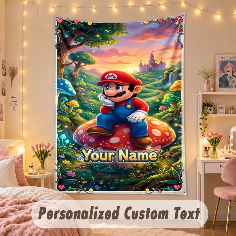 Custom Personalized Tapestry,Super Mario Print Custom Name Text Wall Art Hanging for Bedroom