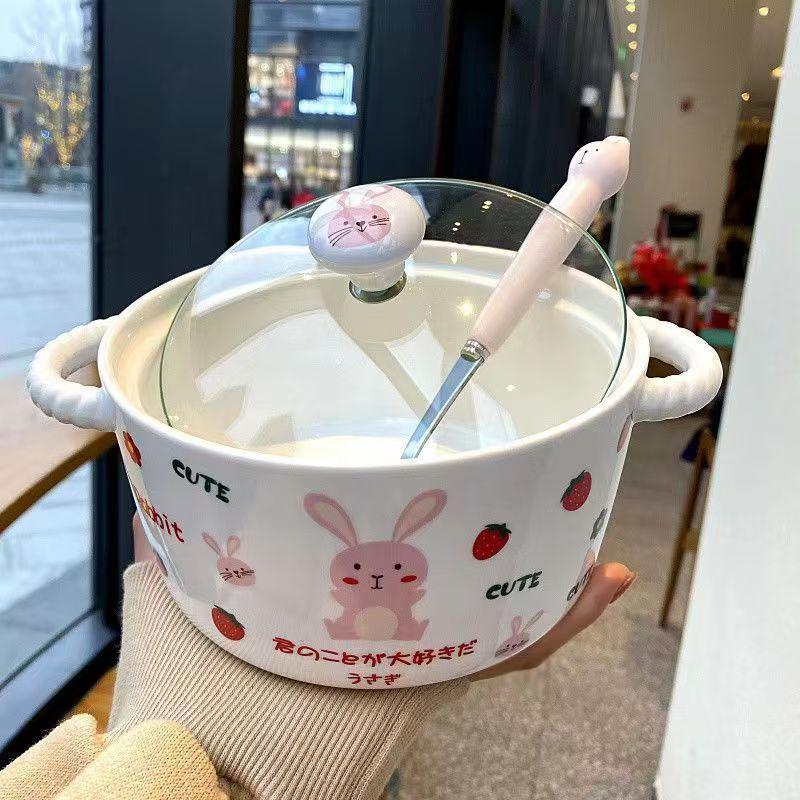 Korean Style Cute Heart Ceramic Noodle Bowl with Lid for Dorm or Bedroom Microwave Use