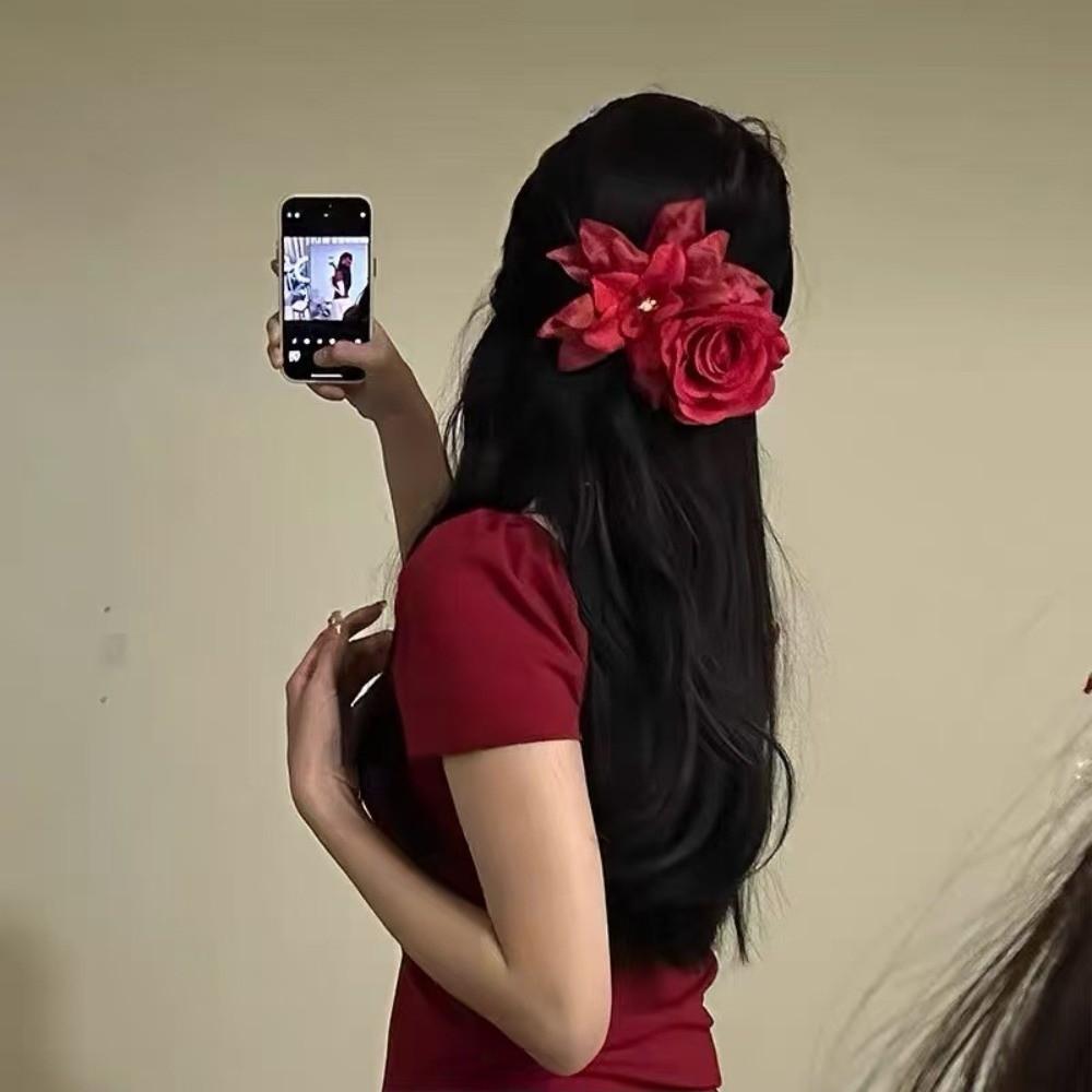 Red Rose Flower Hair Clips Artificial Flower Flower Petal Hairgrip Lily Tassels Hairpins Bridal