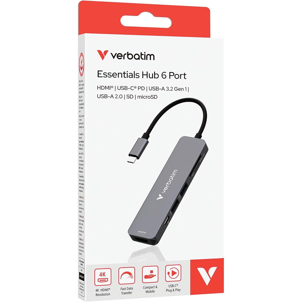 Verbatim USB-C Essentials Multiport Hub - 6 Ports: (1) USB-A 2.0, (1) USB-A 3.0/3.2 Gen 1, (1) USB-C 3.0/3.2 Gen 1, SD and Micro SD Card Slots with 4K