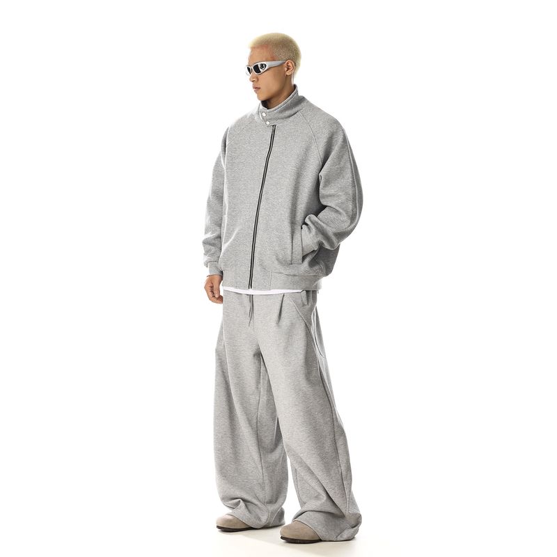 American vintage High Street Zip-up Stand Collar Cardigan Outerwear Men's and Women's Simple Commuter All-Match Loose Sports Hoodie Top