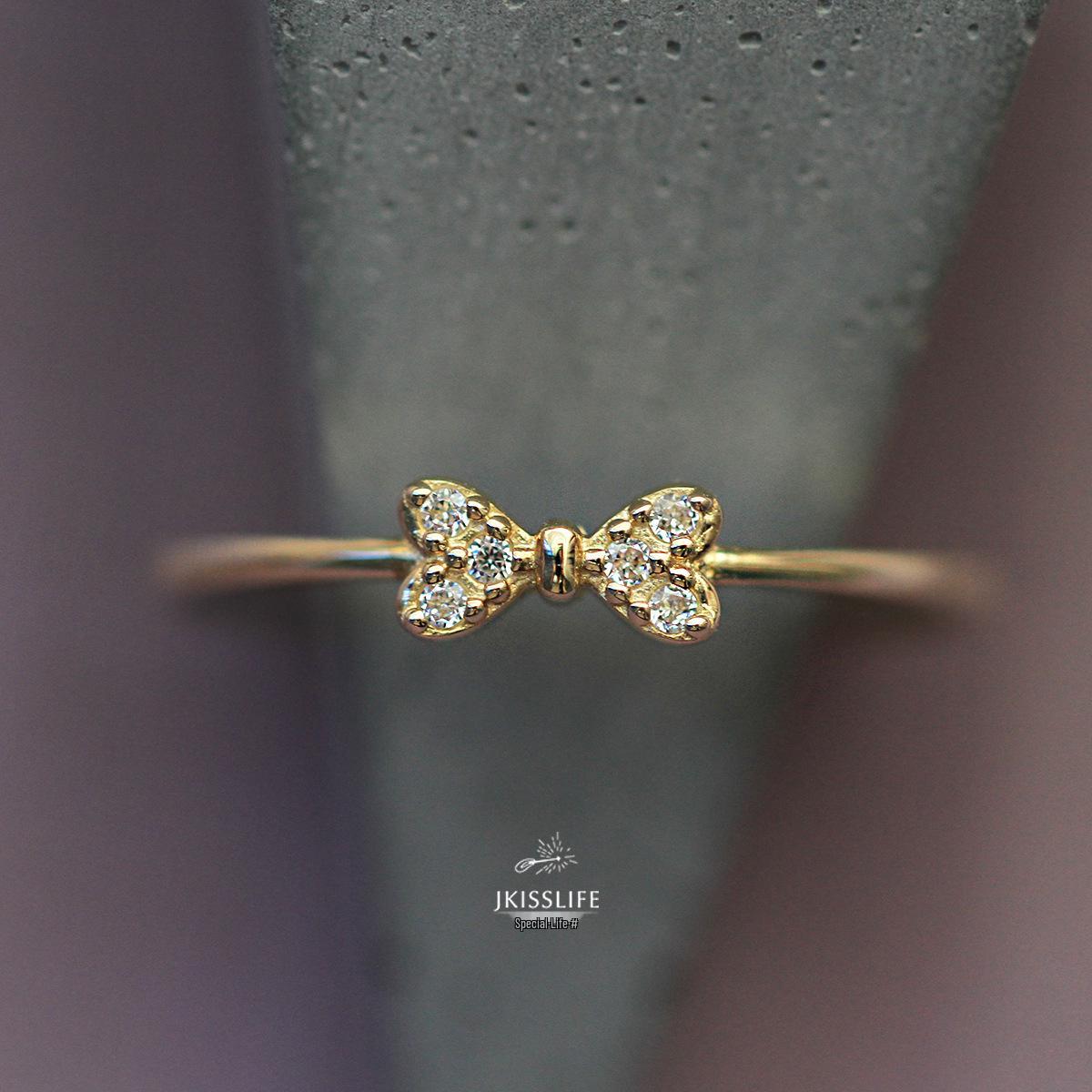 

14K Gold-Plated S925 Sterling Silver Zircon Bow Knot Pinky Ring for Women Size 8 HK золотой