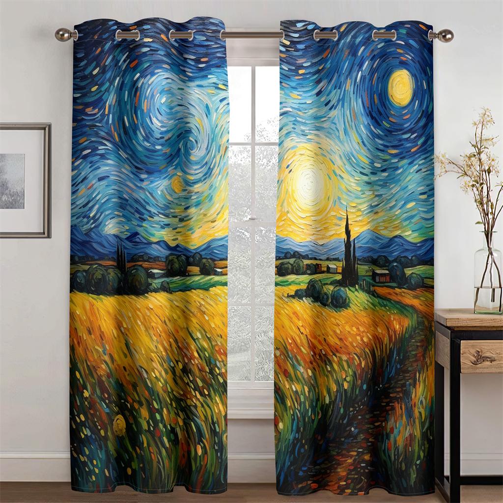 Van Gogh's Dreamland Pastoral Oil Painting Curtains New Arrivals 2 Pcs Fit Living Room Bedroom Kitchen Balcony Window Decor