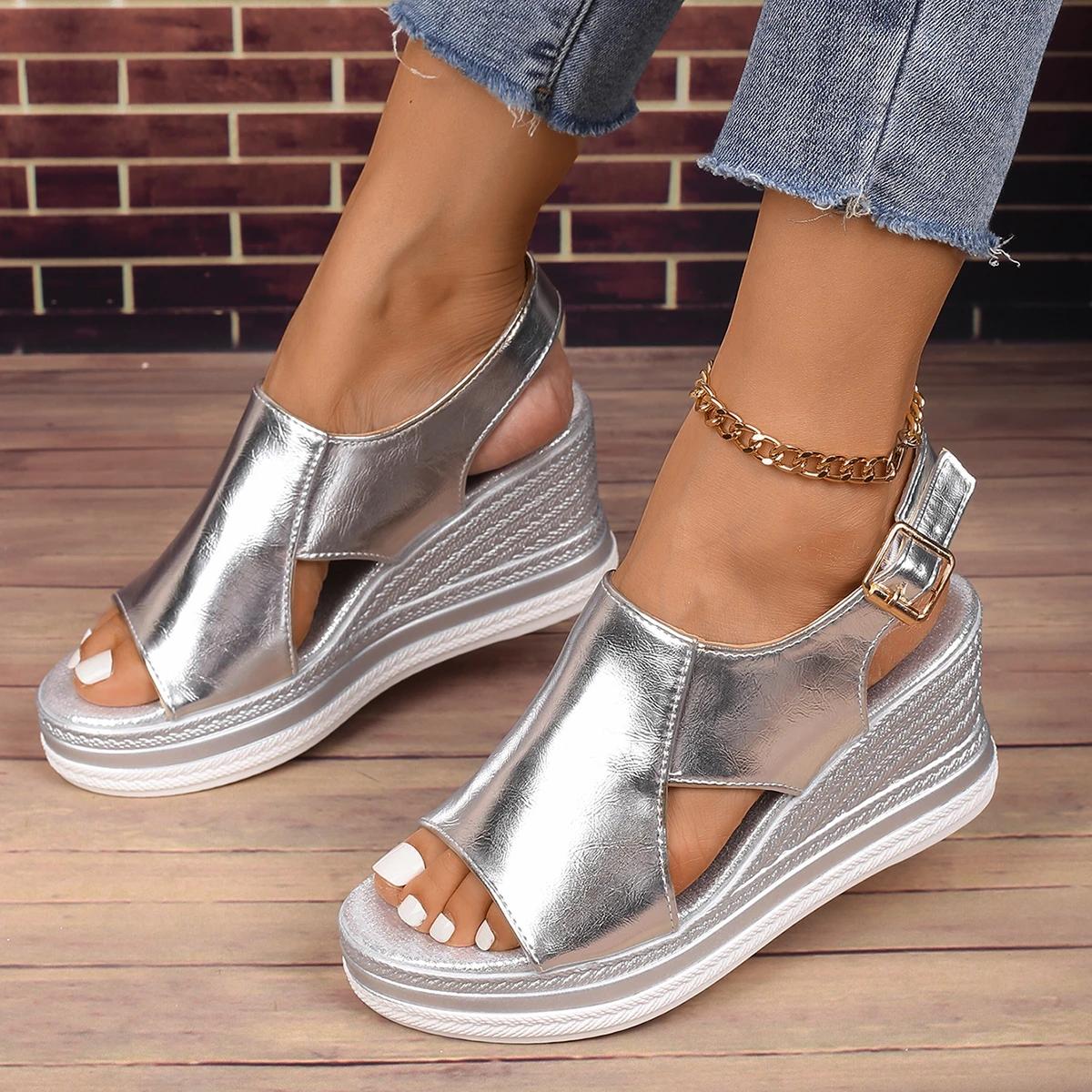 

Fashionable Wedge-size Buckle Casual Sandals for Summer New Round Toe Thick Sole Comfortable Fish Mouth Sandals for Women 36 золотий