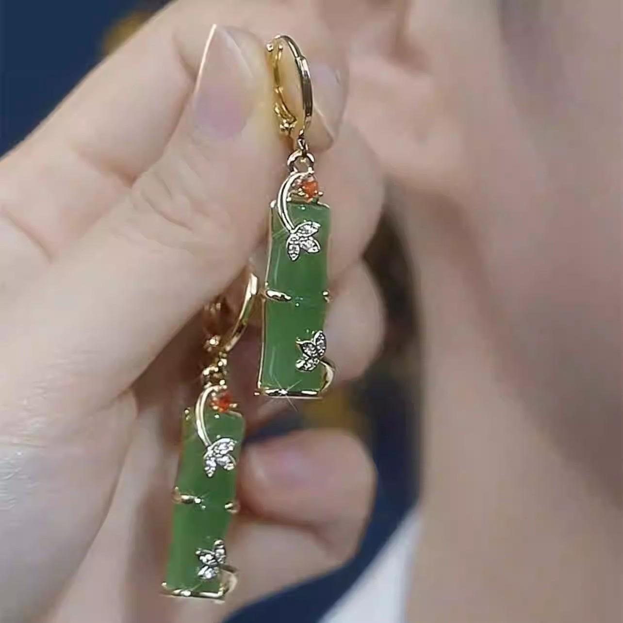 

New Chinese Style China-Chic Earrings High Grade Western-style Green Bamboo Button Earrings Light Luxury and Niche Design