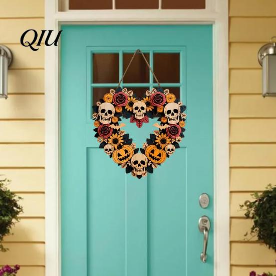 Halloween Door Decoration Flower Skull Pumpkin Wreath Decorations, Heart Shape Welcome Hanging Sign, Happy Front Autumn Hanger Decor, Wooden Ornaments
