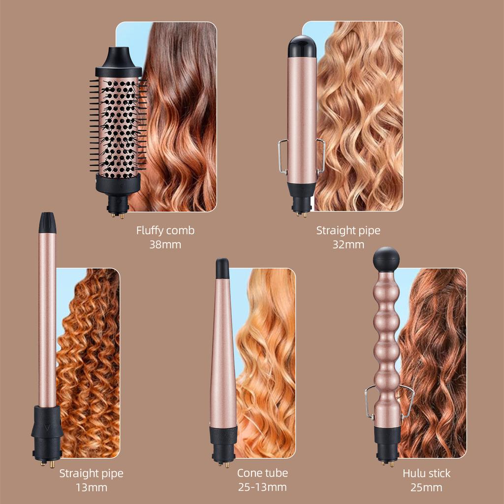 5-in-1 Interchangeable Curling Iron Set -Create Deep Waves, Banana Curls, Afro Curls with Detangling Paddle Brush, Multifunctional Hair Styling Tool